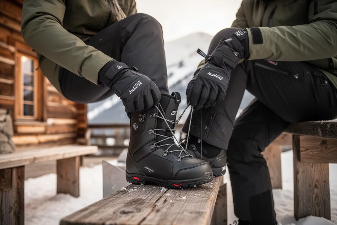 Rider zaciągający tradycyjne sznurowadła na snowboardowym bucie w górskim schronisku