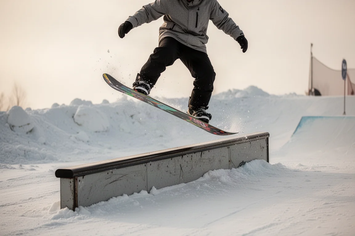 Snowboarder pressing on a rail in a slushy terrain park