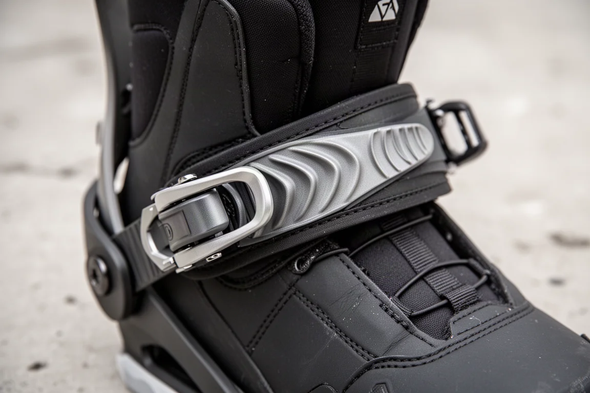 Close-up of a snowboard binding ratchet strap being tightened