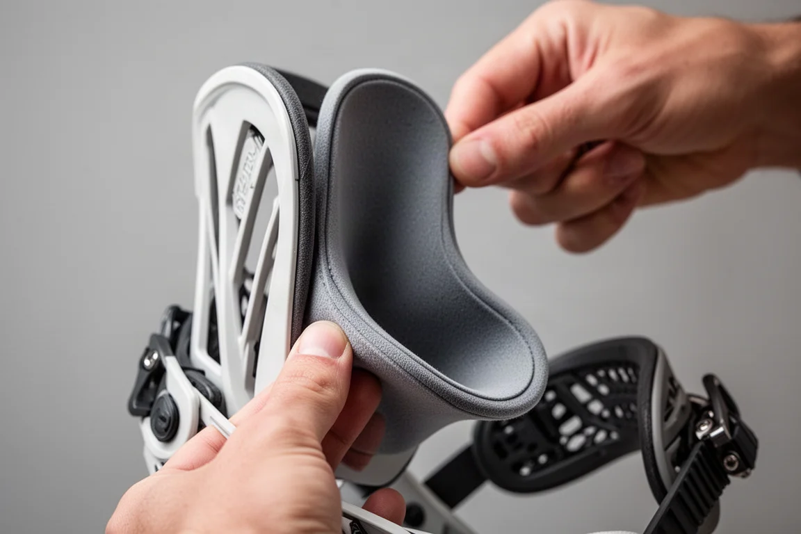 Hands flexing the soft heel cup of a snowboard binding highback