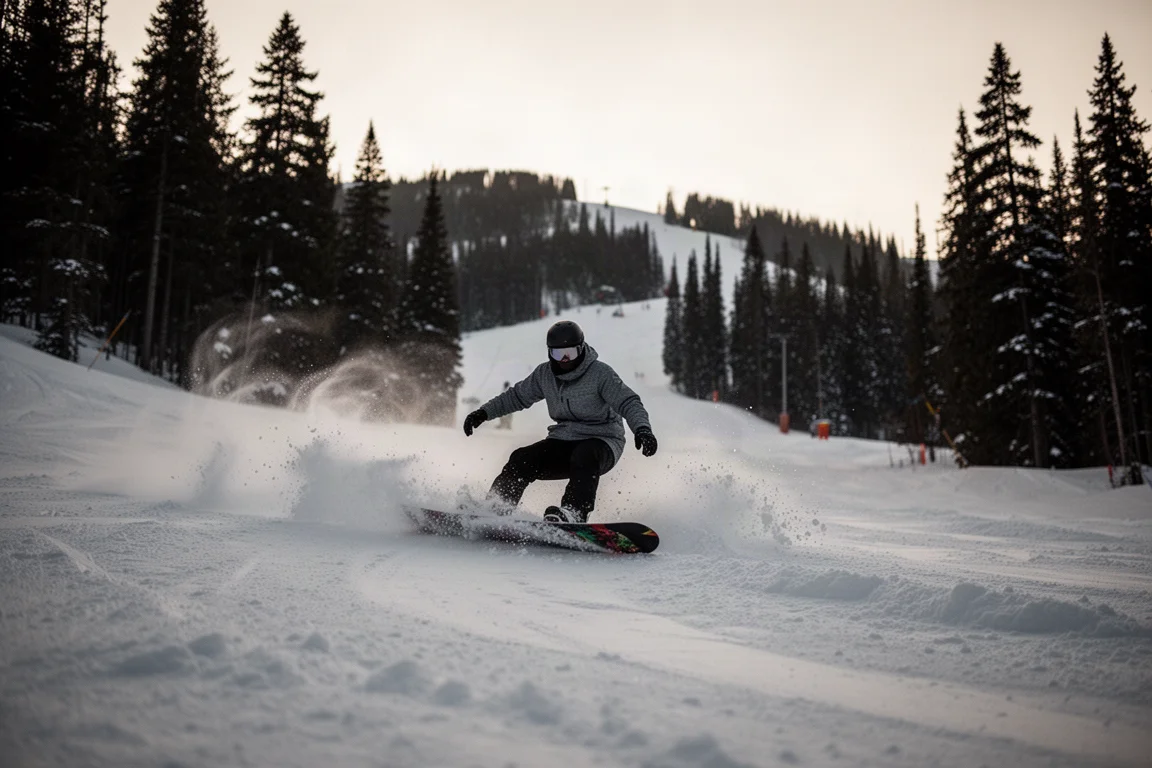 Snowboarder carving a slushy lower mountain run at dusk