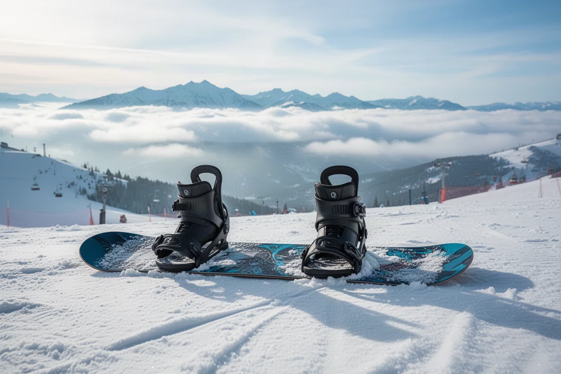 Snowboard su neve fresca con scarponi agganciati ad attacchi freestyle e montagne sullo sfondo