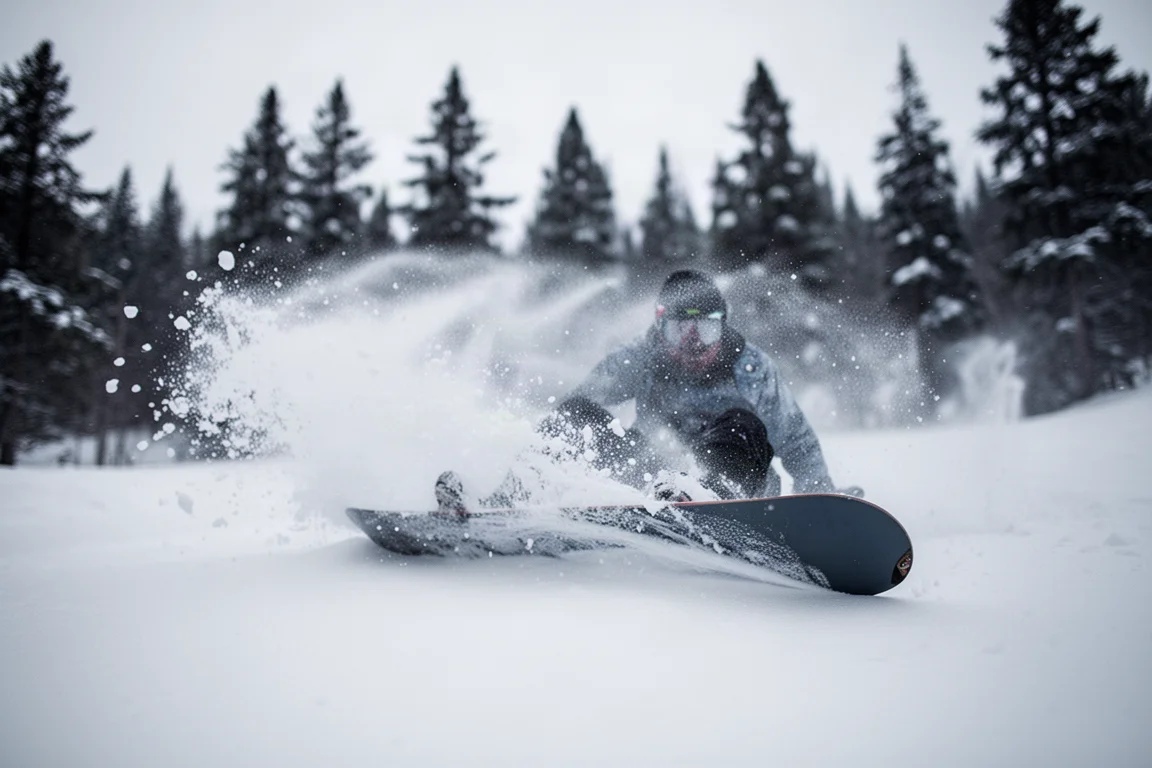 Snowboarder che taglia la neve fresca con uno spruzzo di neve che si arcs dietro la tavola