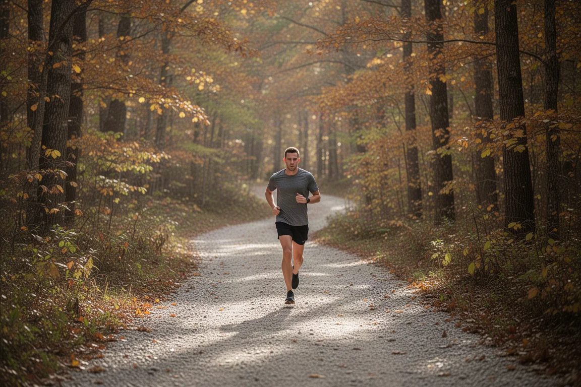 Läufer auf einem begehbaren Schottertrail durch Herbstwald
