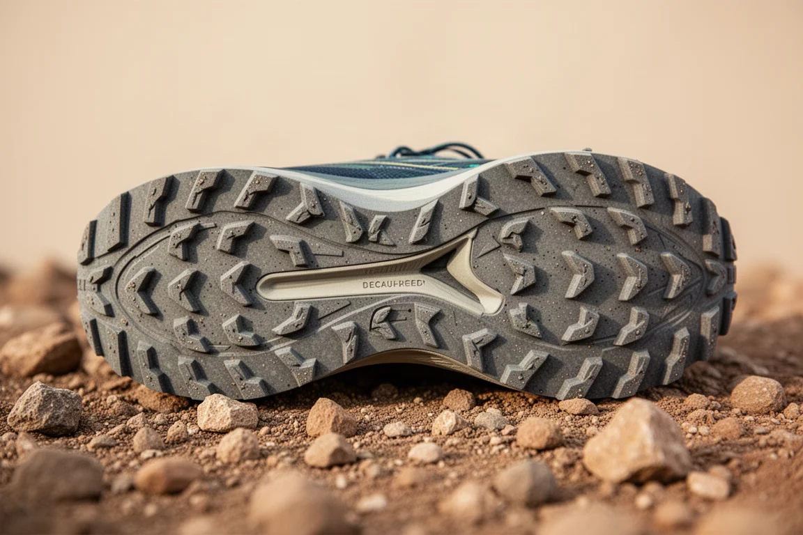 Nahaufnahme einer profilierten Trailschuh-Außensohle auf steinigem Untergrund