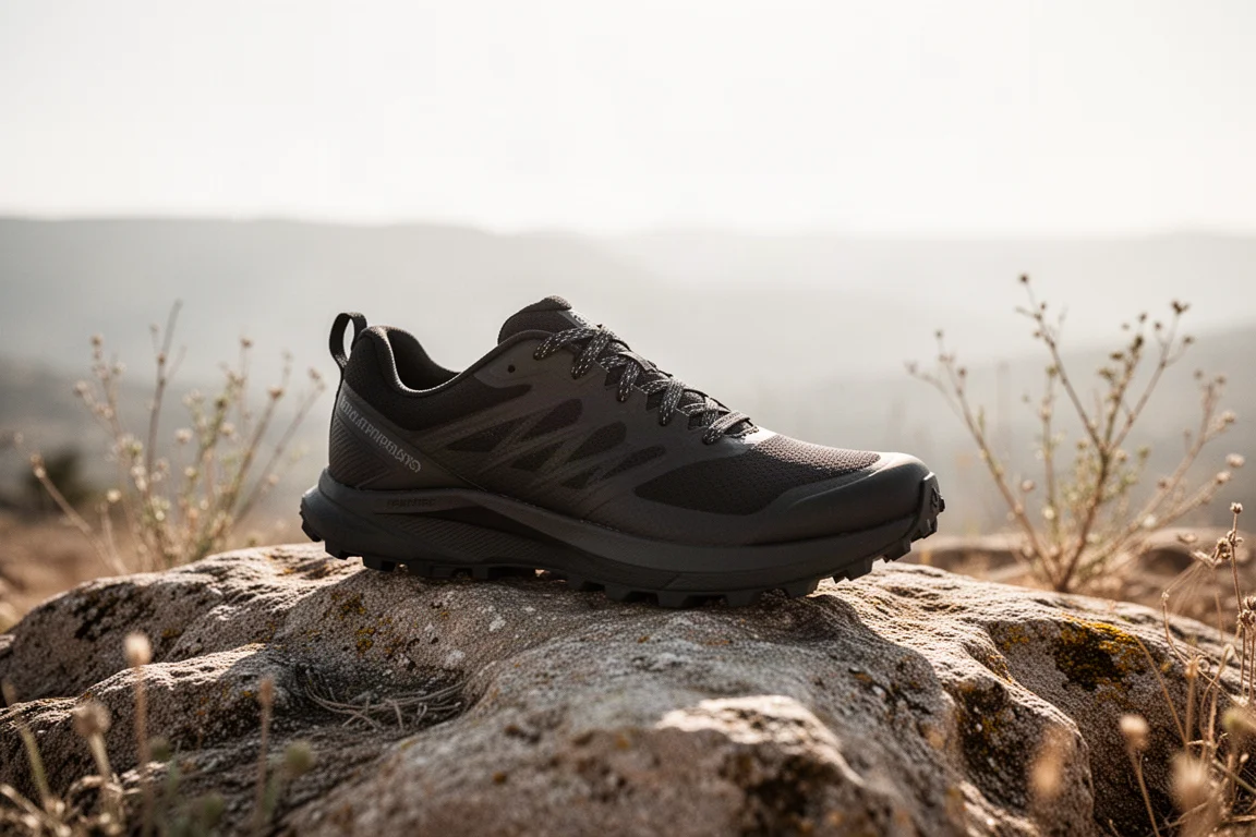 Schaft eines schwarzen Traillaufschuhs in der hellen Sonne an einem warmen Tag