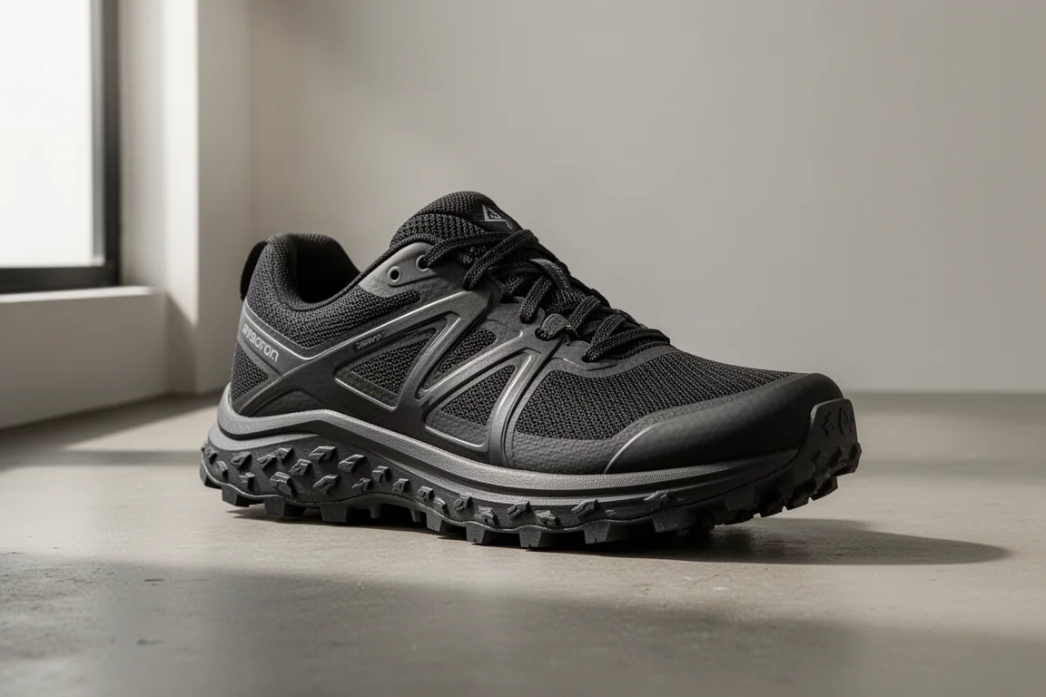 Black Salomon trail running shoe on a concrete surface