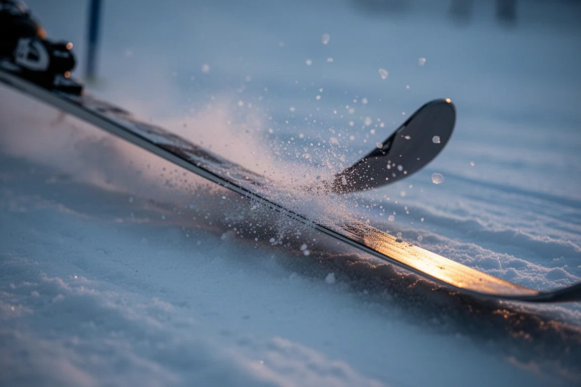 Sci da slalom in forte inclinazione sul capo che taglia la neve ghiacciata battuta al tramonto