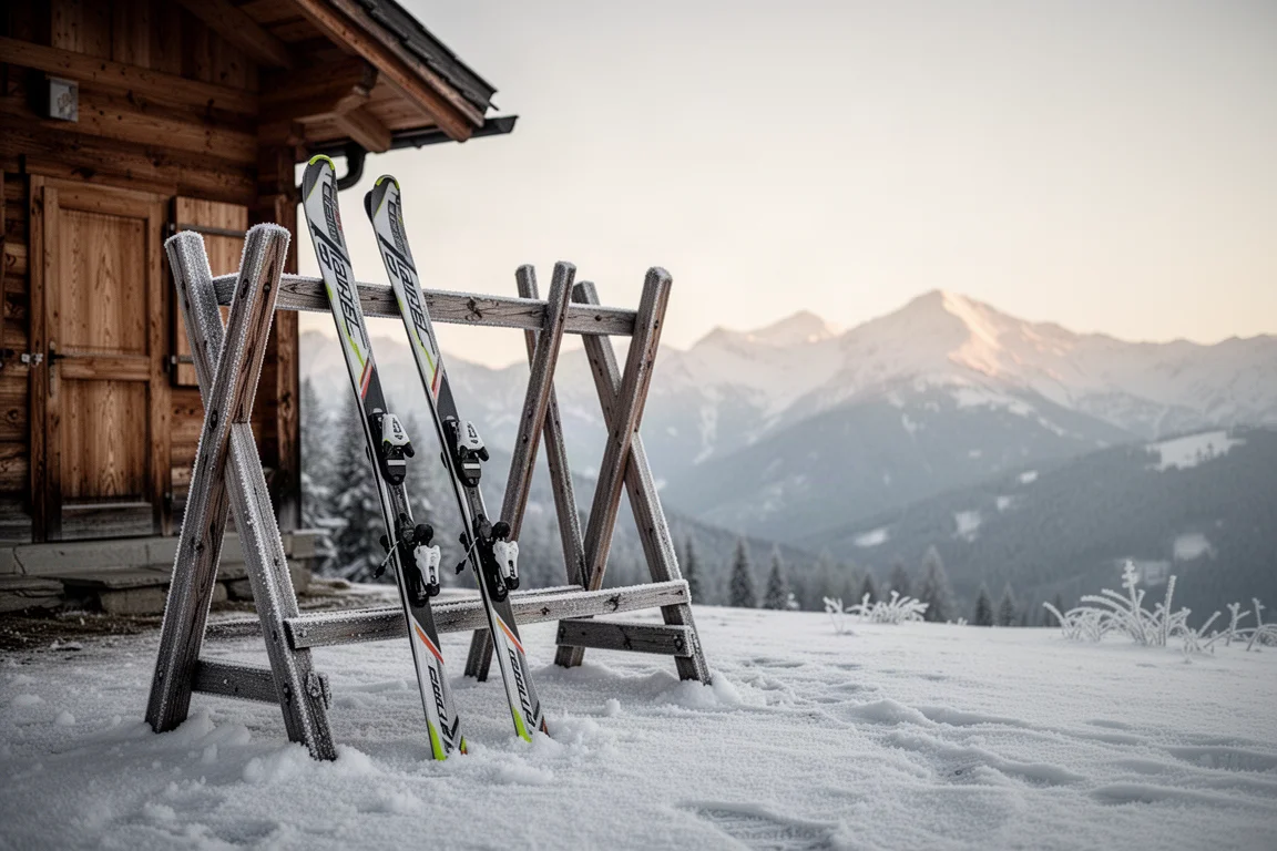 Coppia di sci da slalom appoggiati a una portasci in legno fuori da un rifugio all'alba