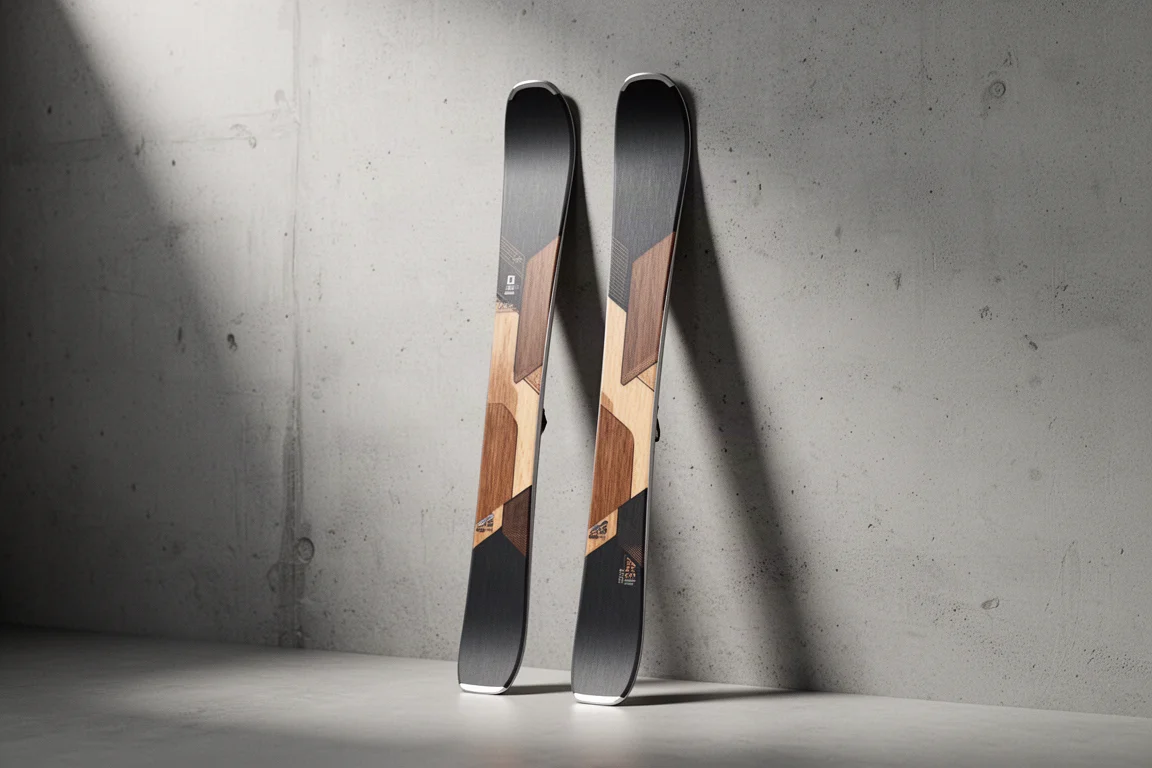 Pair of short slalom alpine skis standing upright against a matte concrete wall