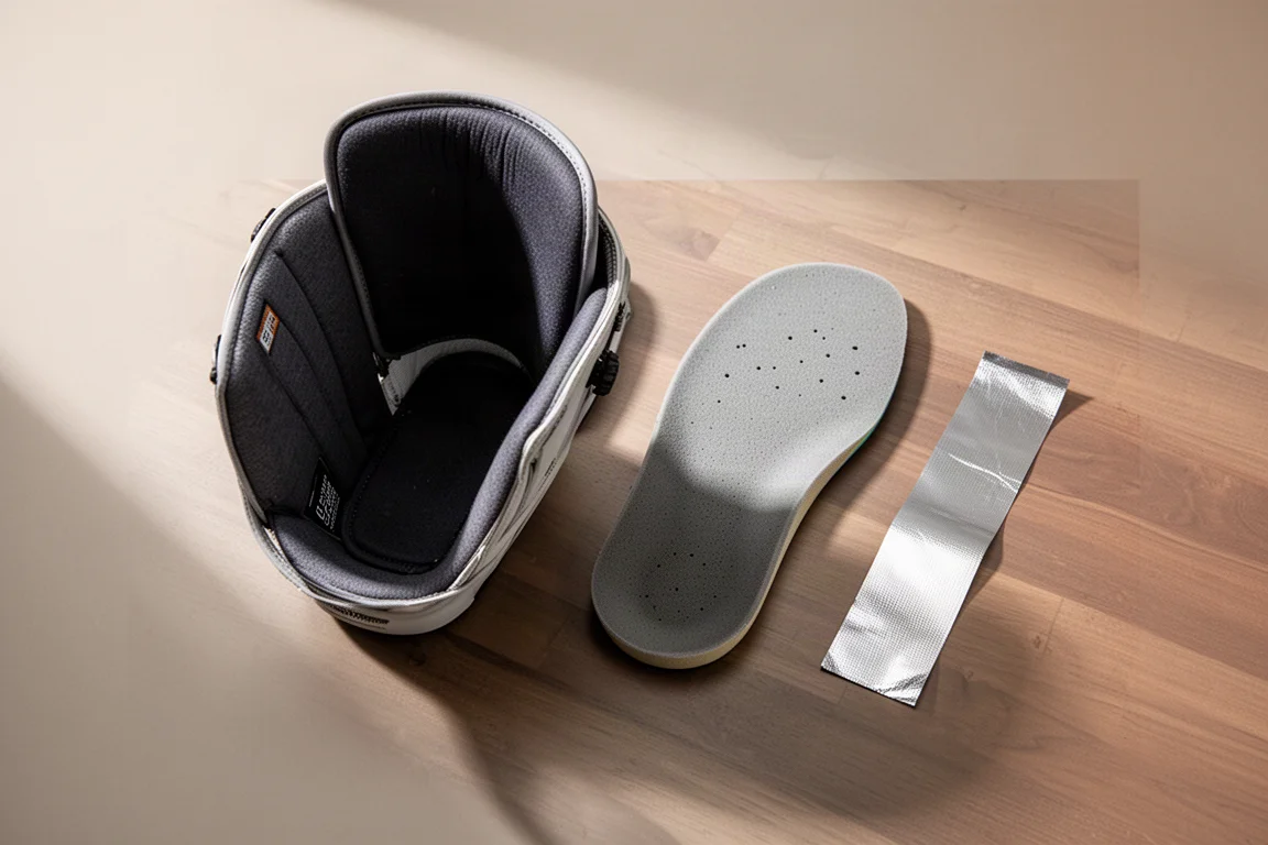 Värme reflekterande innersula avlägsnad bredvid en snowboardboots liner