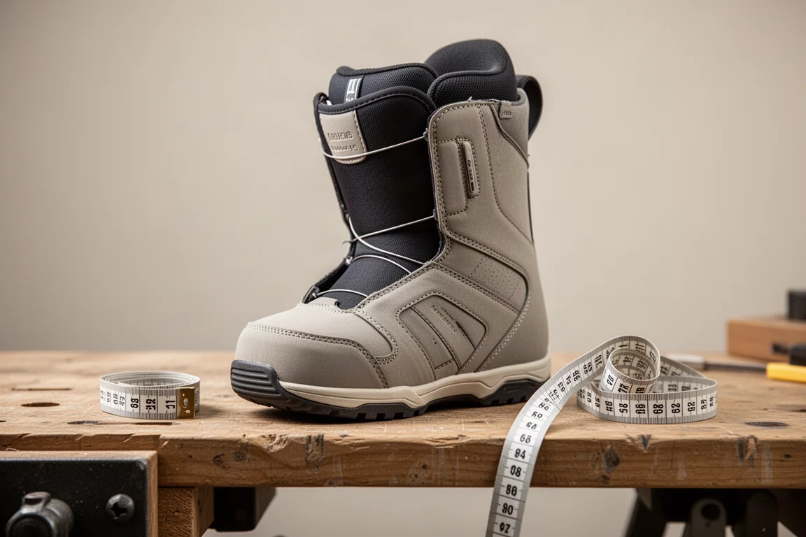 Åkare mäter en snowboardboot med måttband på en verkstadsbänk