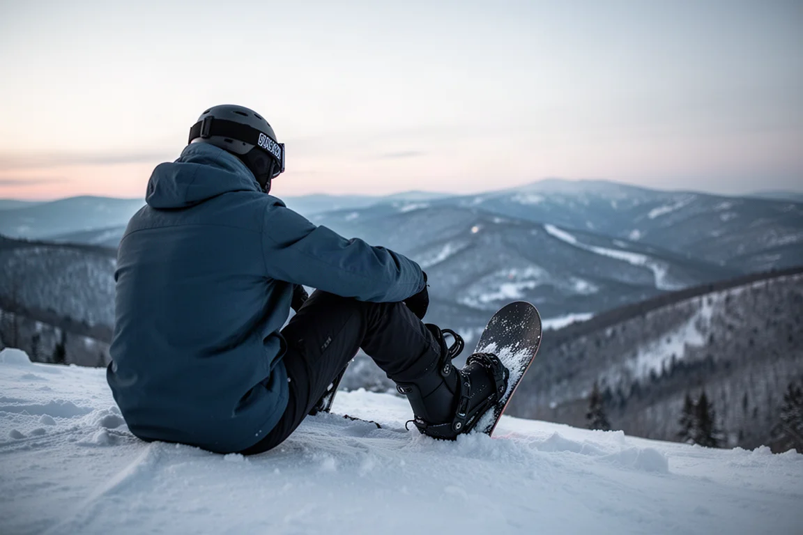 Snowboardåkare böjer en boot på en snötäckt rygg i skymningen