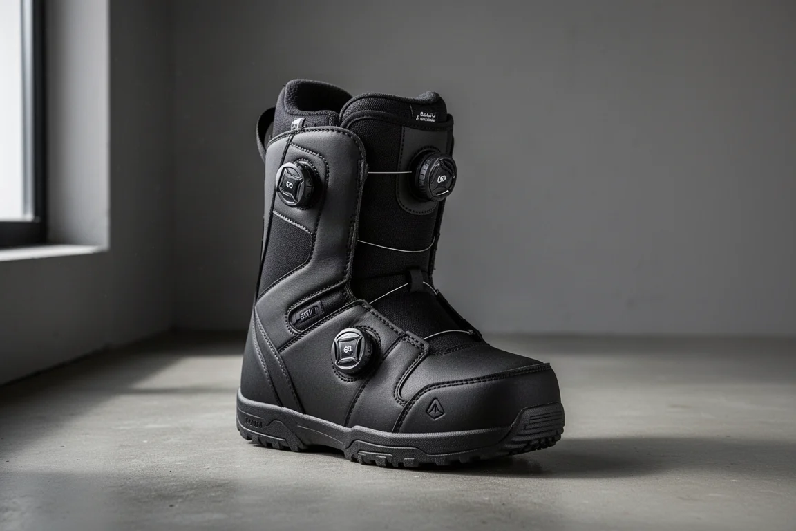 Svart snowboardboot med dubbel Boa på en matt betongyta