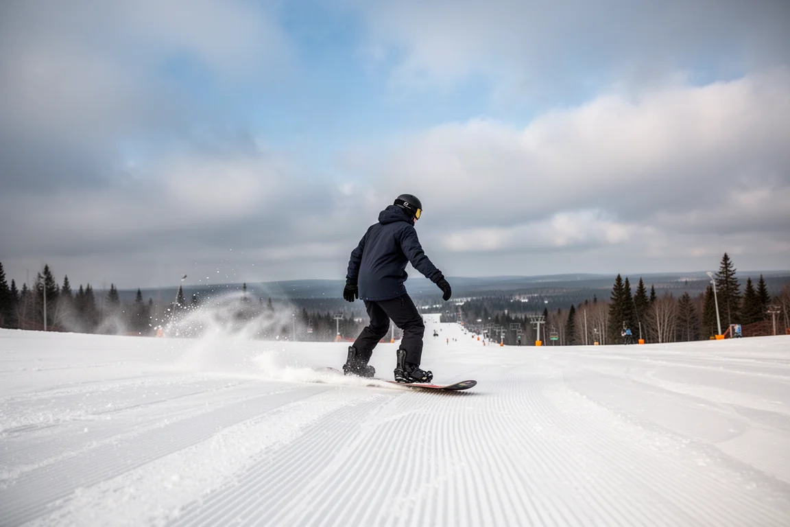 Snowboarder cruising a groomed resort run under mixed blue and grey skies