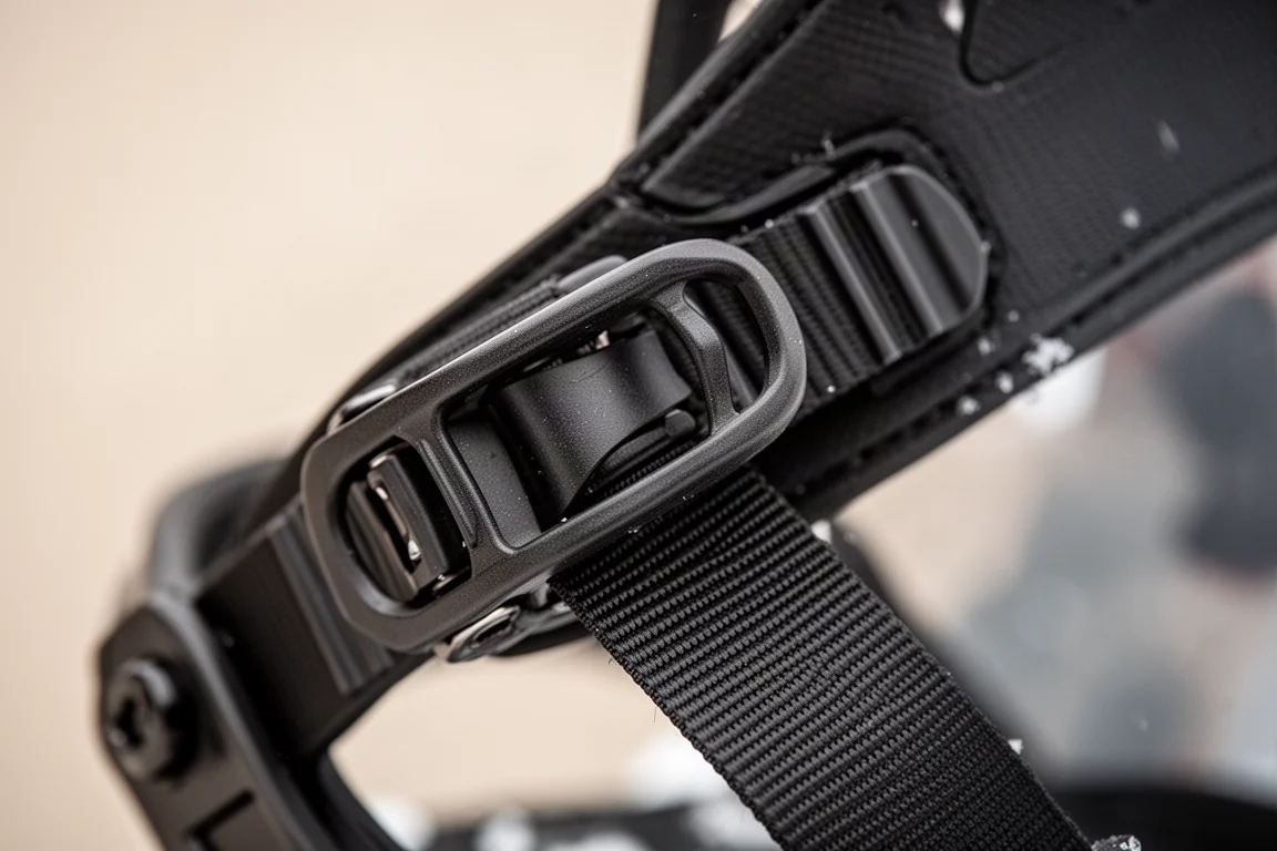 Close-up of a snowboard binding ratchet and strap ladder on a board
