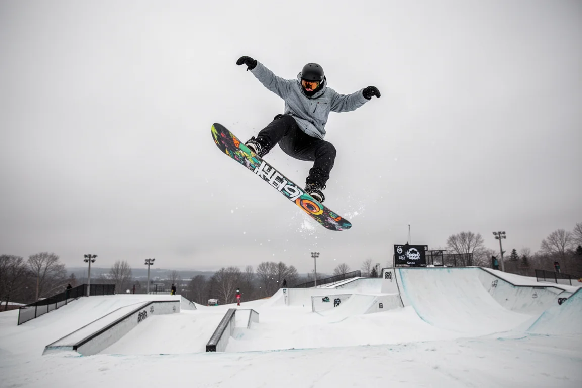 Snowboarder pressing and tweaking a grab in a terrain park