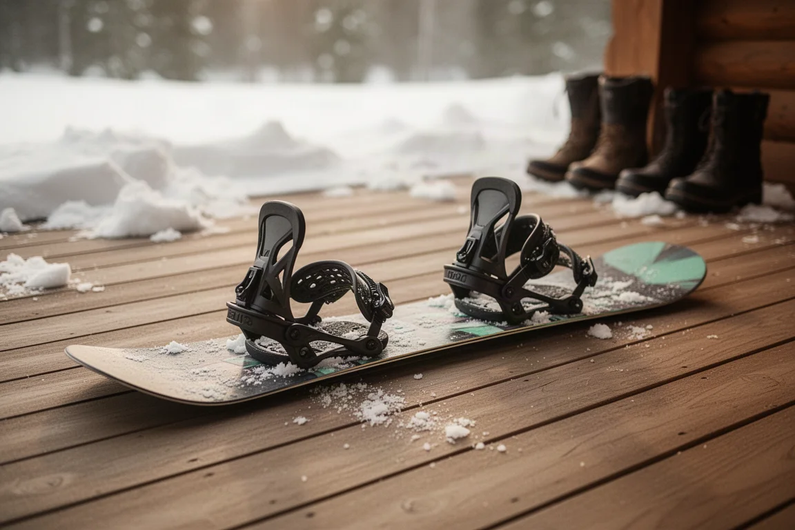 Snowboard with bindings set up on a lodge deck at the end of the day