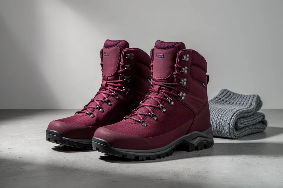 Full-height red wine hiking boots with lugged soles on a concrete surface