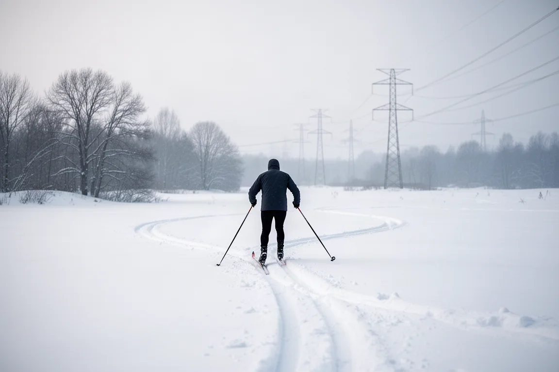 Skier breaking trail through fresh snow in an open field at soft morning light