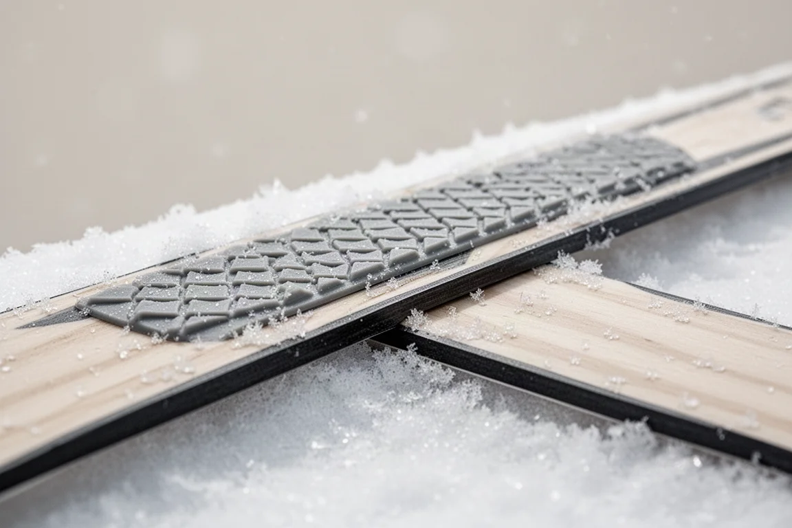 Close-up of fish scale grip pattern and steel edge on a ski base in snow