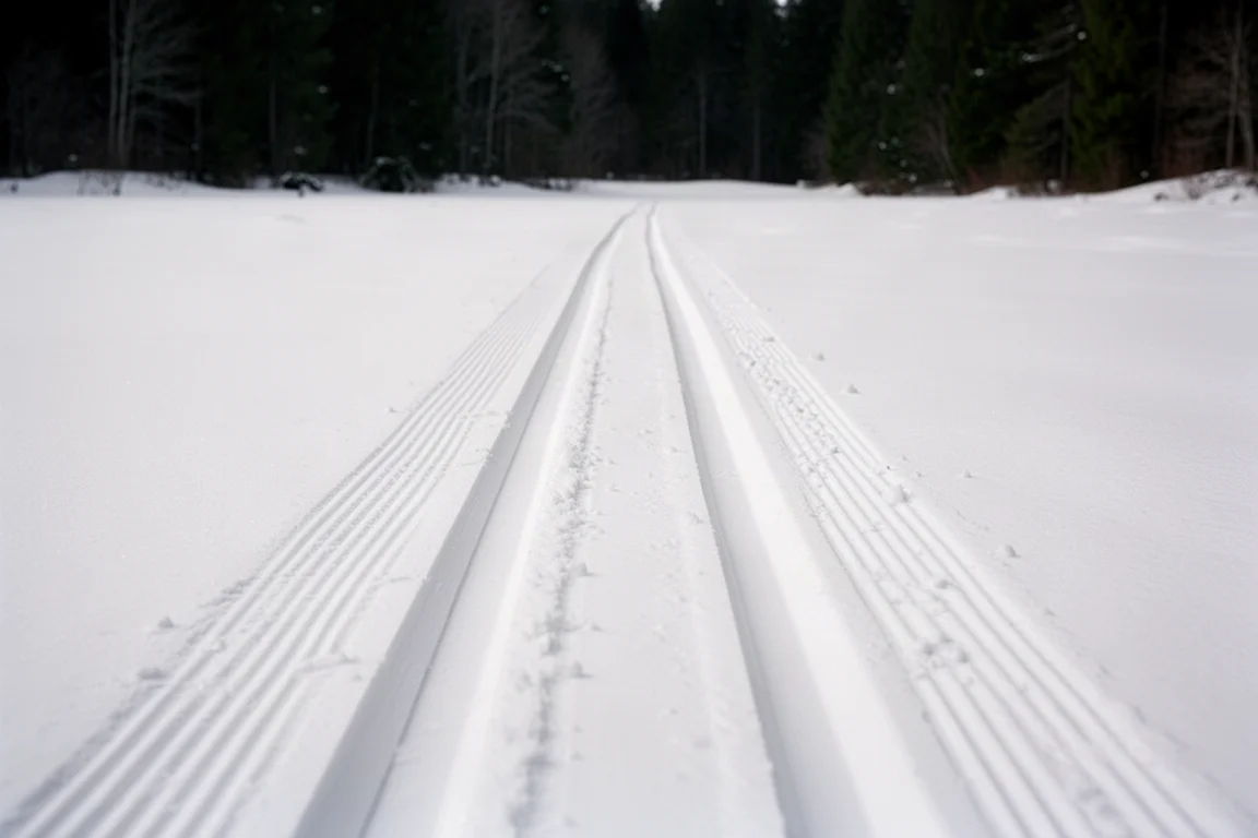 Two parallel groomed classic ski tracks cut into snow beside a forest edge