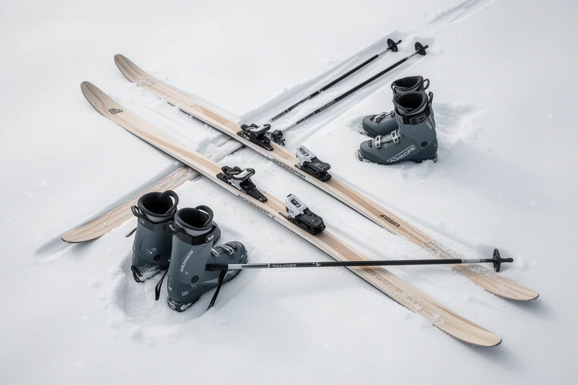 Flat lay of cross-country ski equipment arranged on packed snow