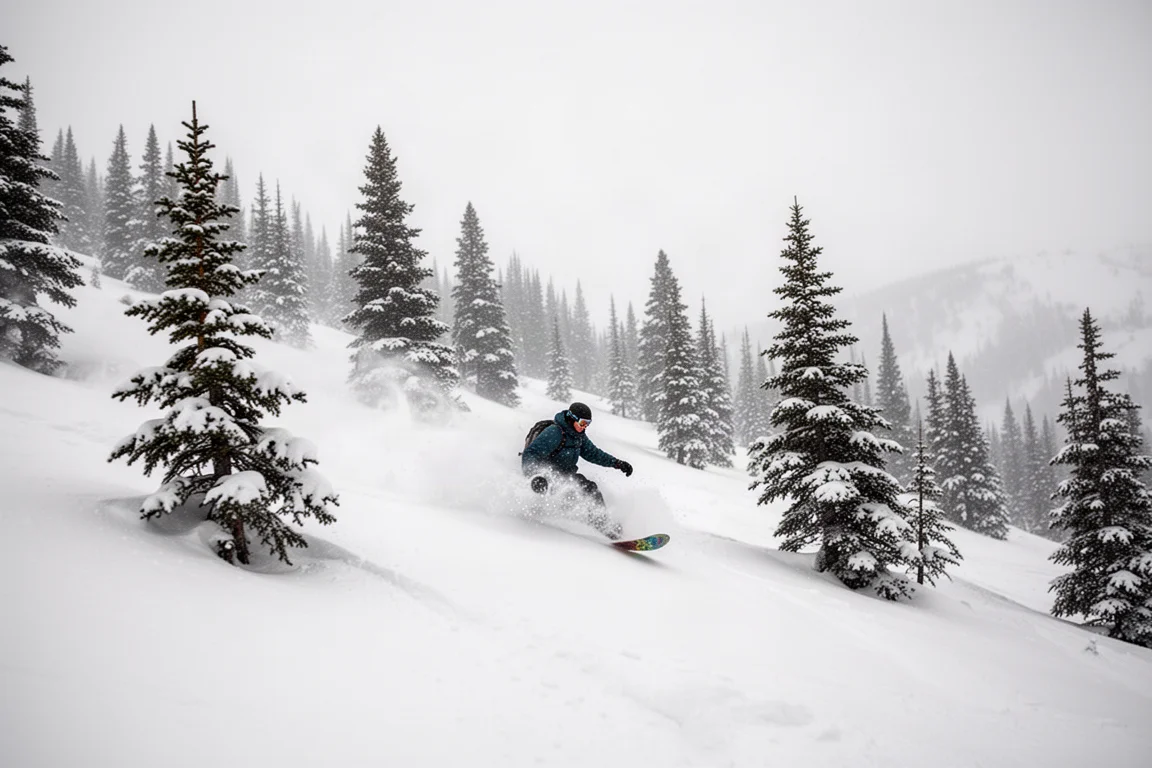 Snowboarder fährt durch frischen Tiefschnee zwischen Bäumen an einem Berghang