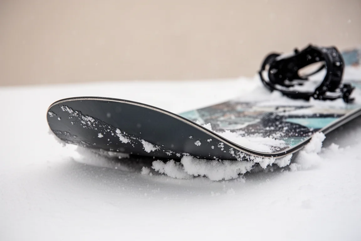Nahaufnahme einer Snowboard-Nose, die sich in Tiefschnee durchbiegt