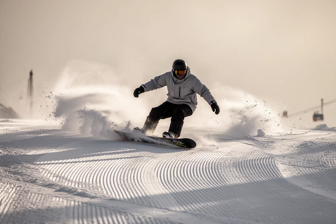 Snowboarder zieht eine tiefe Schwertkurve auf einer präparierten Piste