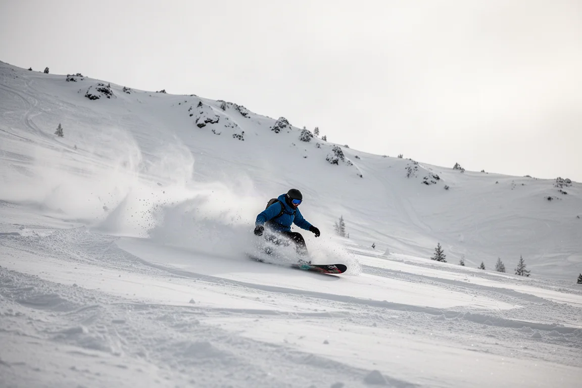 Snowboarder slashingt eine Kurve an einem flachen Sidecountry-Hang