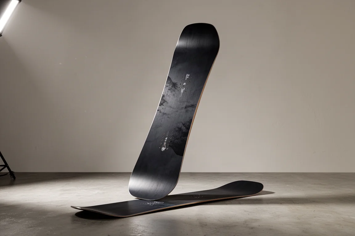 Salomon Fish Powder-Snowboard, aufrecht auf einem Betonboden stehend