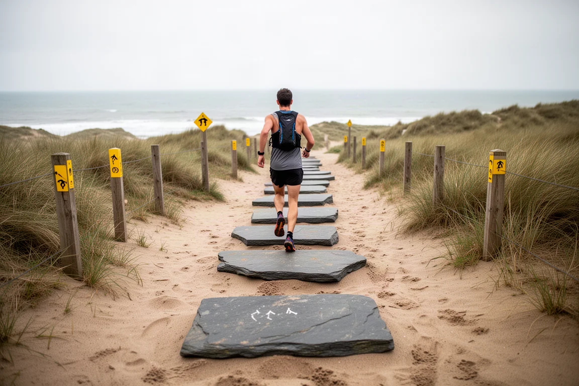 Trail runner following slate navigation stones along a coastal path