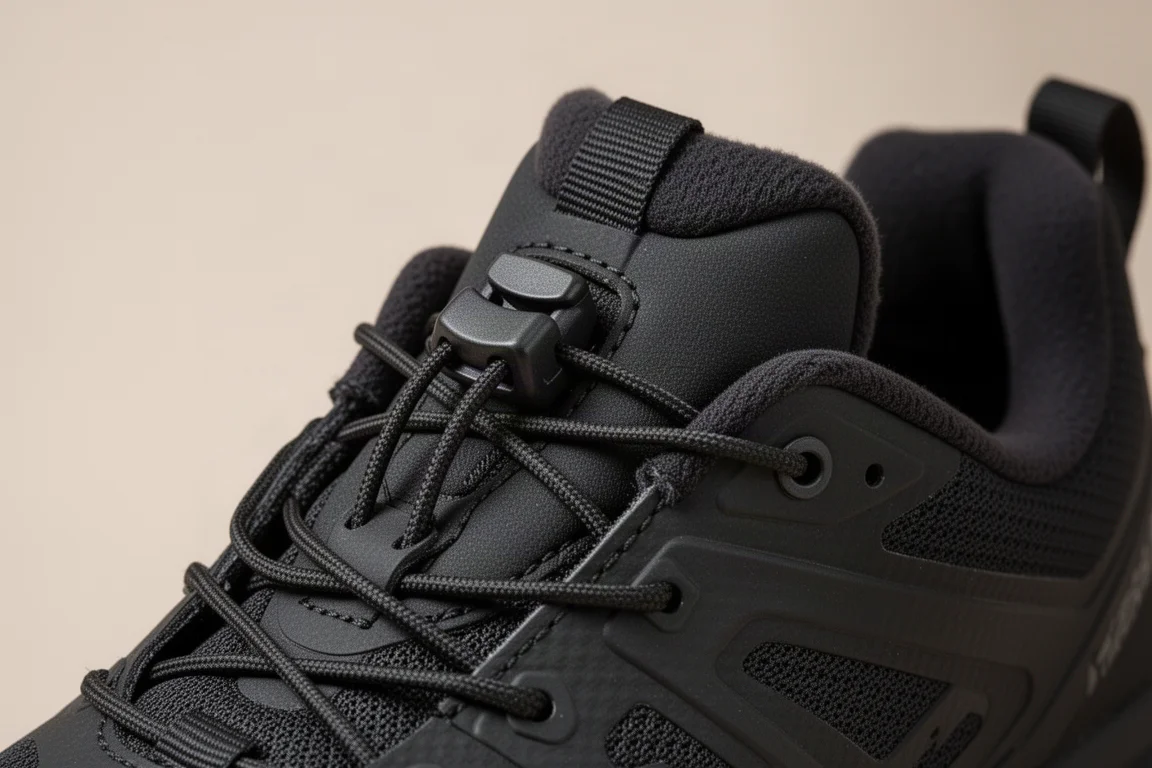 Close-up of a quicklace cord system on a trail running shoe