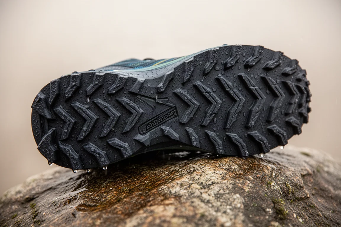 Outsole of a trail shoe with chevron lugs on wet rock