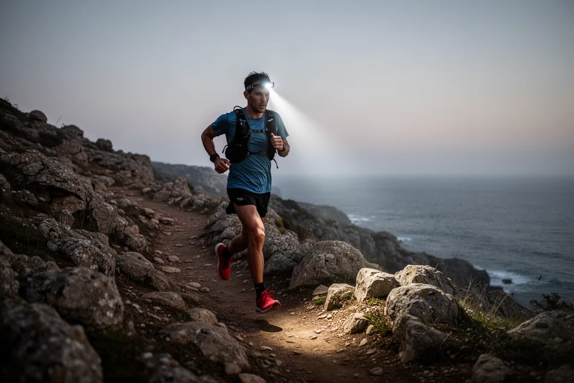 Runner moving along a coastal trail at dusk with head torch beam