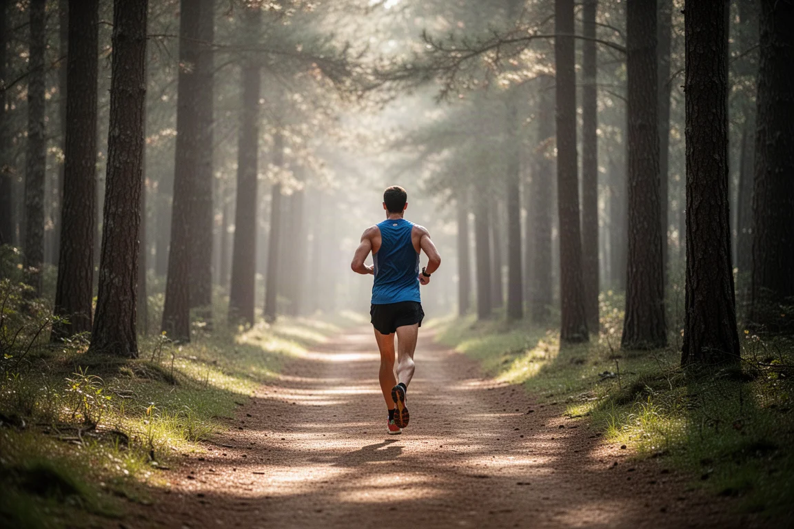 Trailrunner glijdt soepel over een zacht zandpad in gouden ochtendlicht