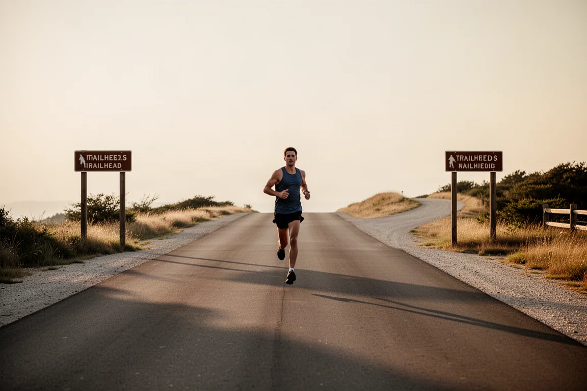 Hardloper geniet ontspannen van een lange trailrun door glooiende heuvels