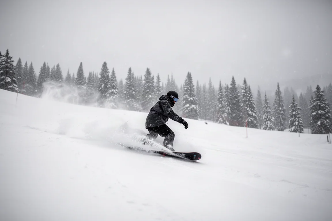 Snowboardzista jadący przez świeży puch na ośnieżonym stoku górskim