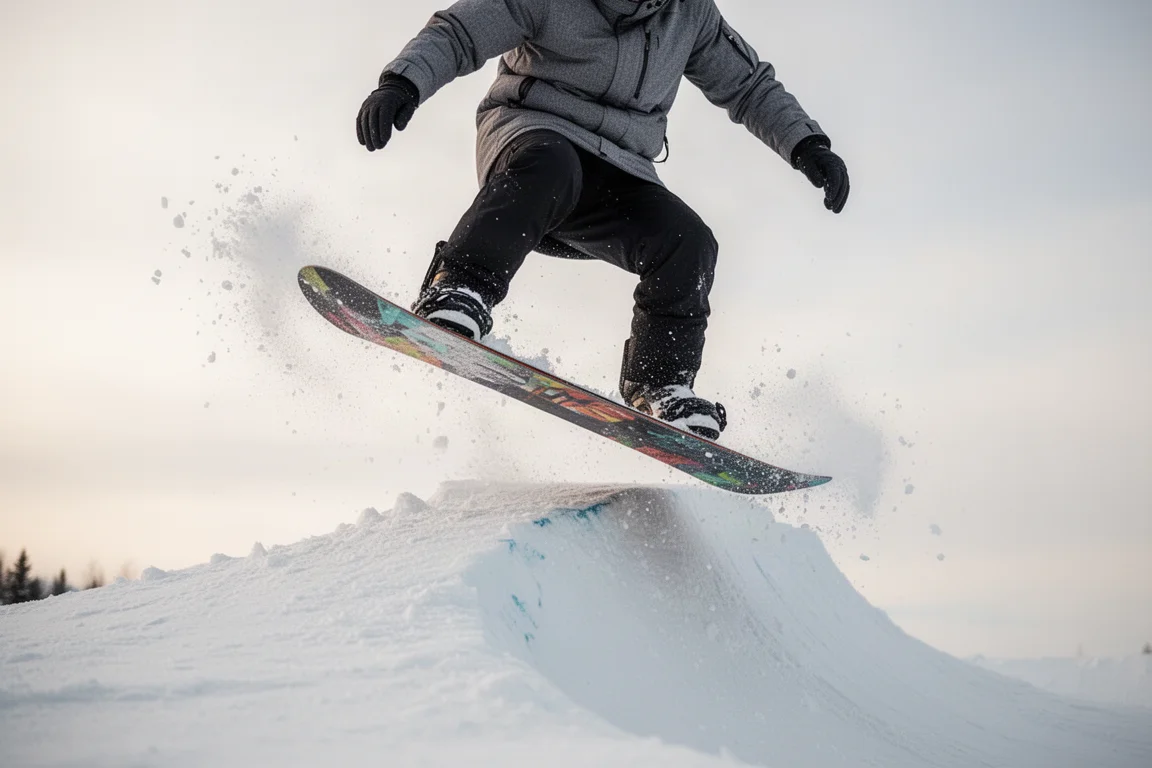 Snowboardzista obciążający tail deski, aby wybić się ze śnieżnej rampy