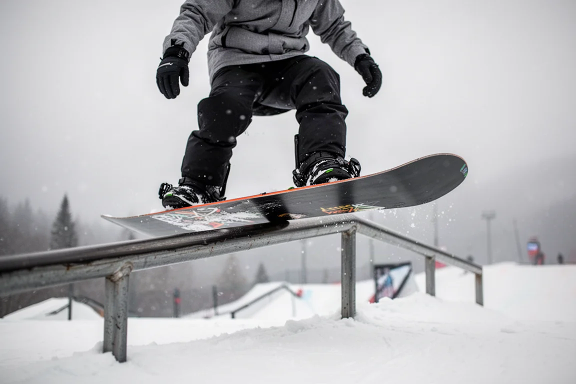 Snowboardzista dociskający nos deski na railu