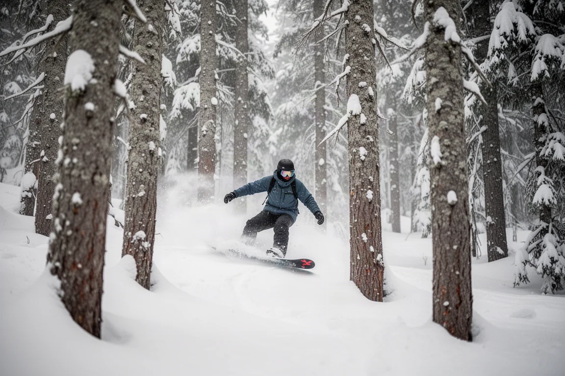 Snowboardzista wije się leśną trasą pomiędzy ośnieżonymi drzewami