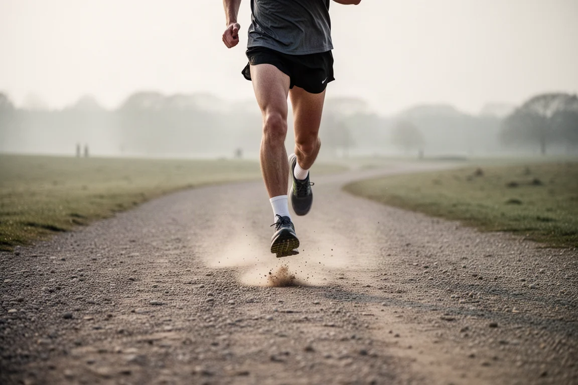 Un runner corre lungo un sentiero sterrato compatto nella morbida luce del mattino