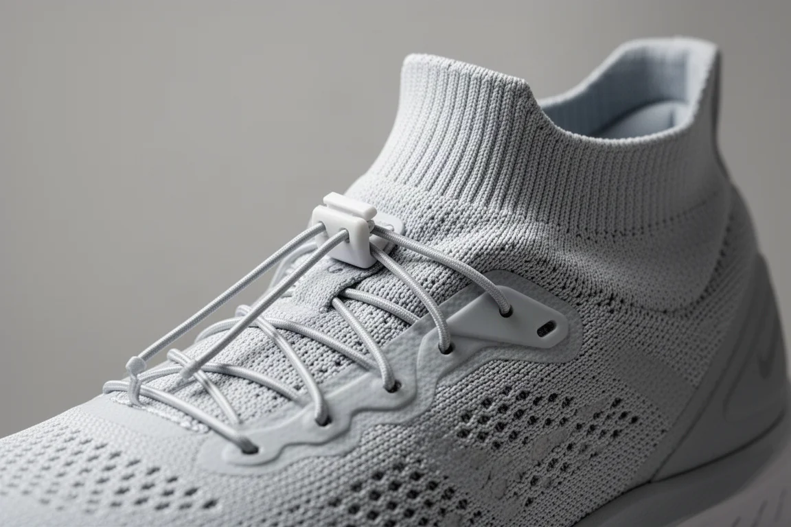 Primo piano del sistema di lacci a trazione rapida e del collare in maglia a calza su una scarpa da running