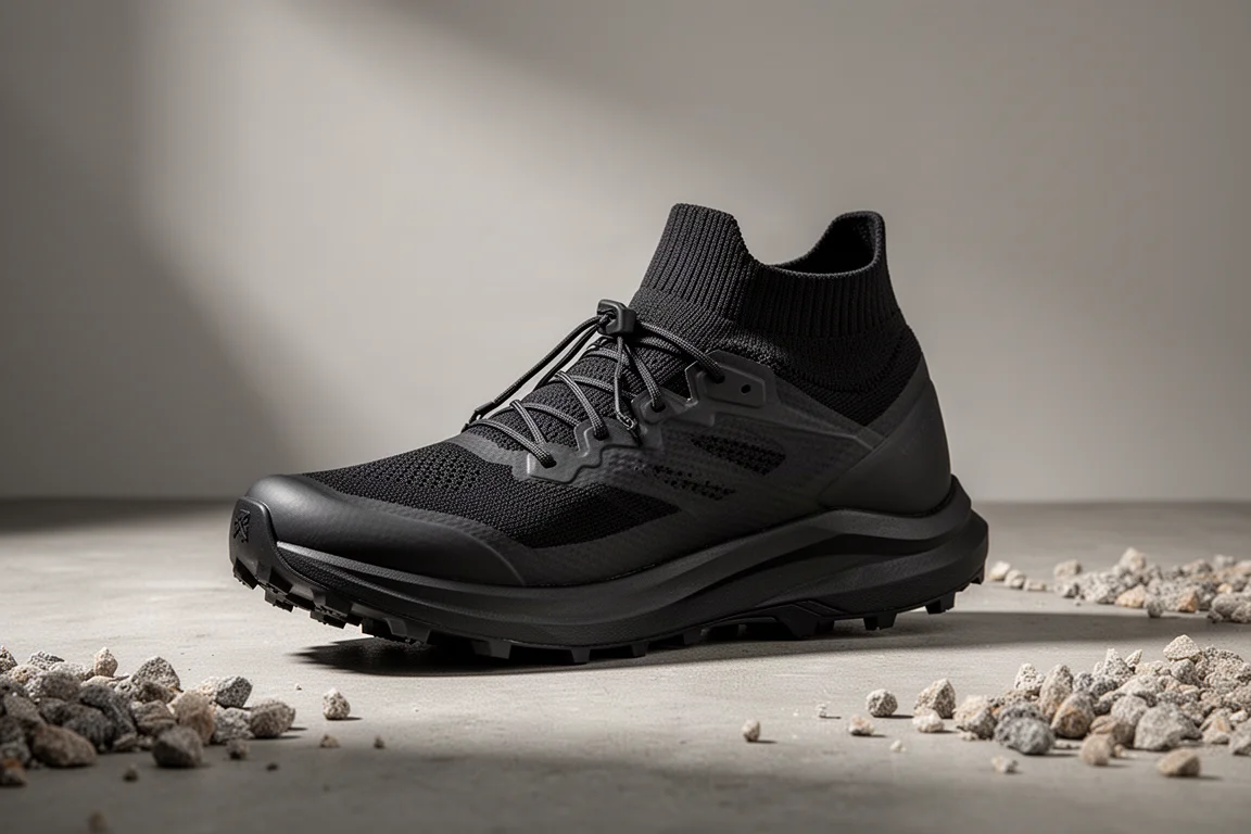 Black Salomon Gravel Concept trail running shoe on a concrete surface