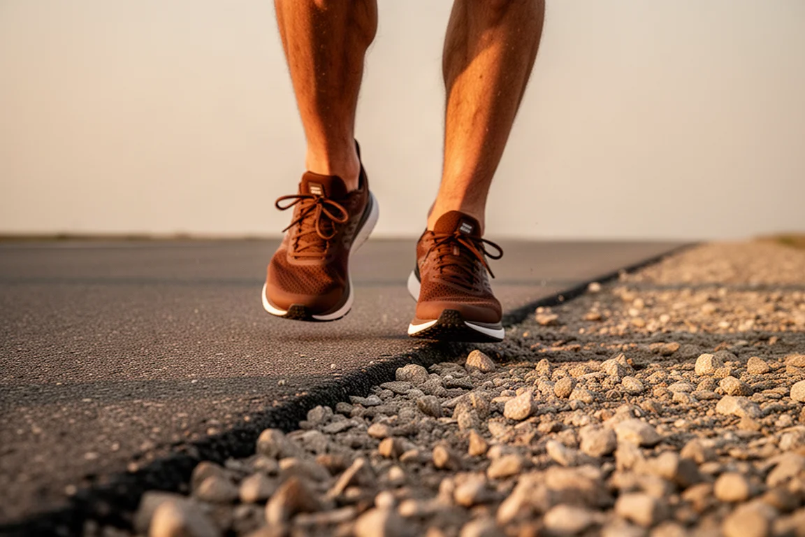 Runner's feet on a crushed gravel path between pavement and forest trail