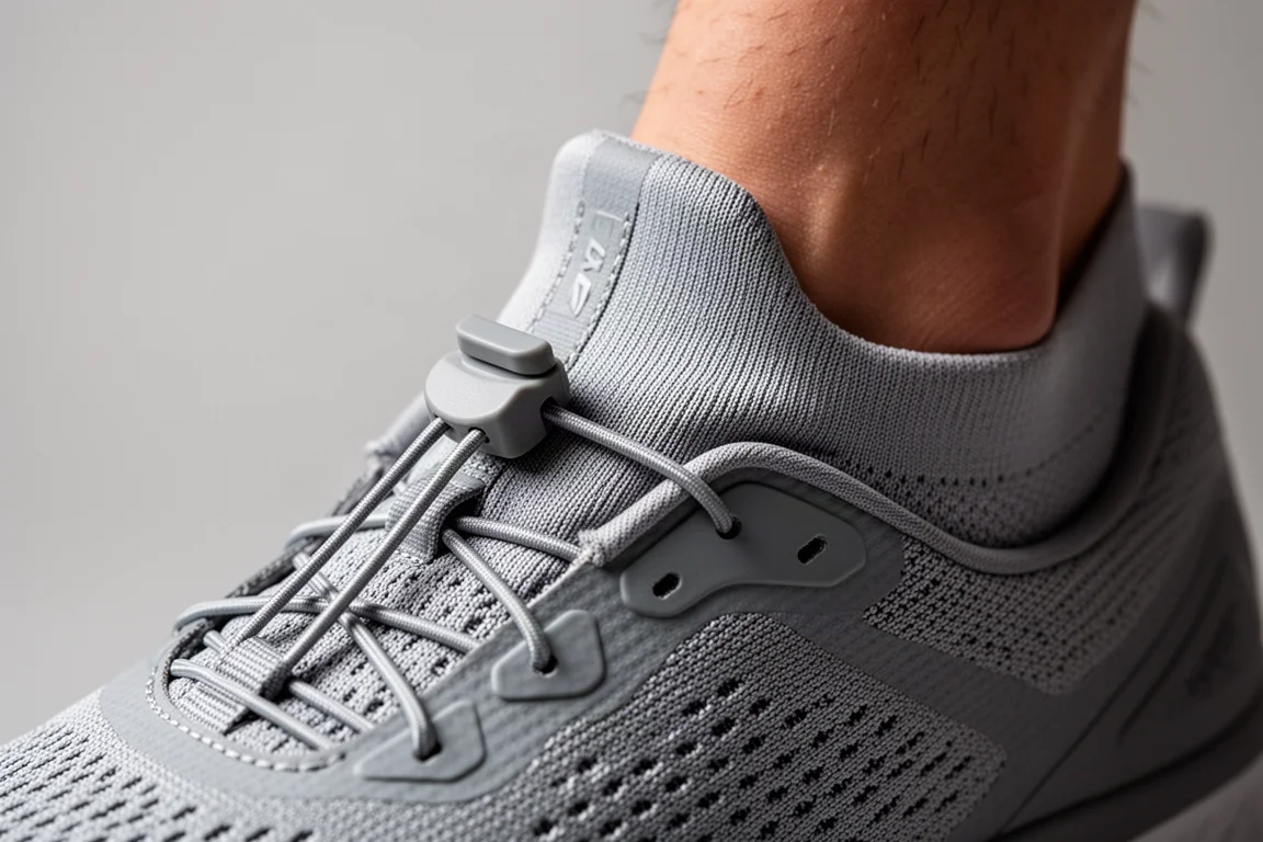 Close-up of a quick lace toggle and semi-bootie ankle collar on a running shoe