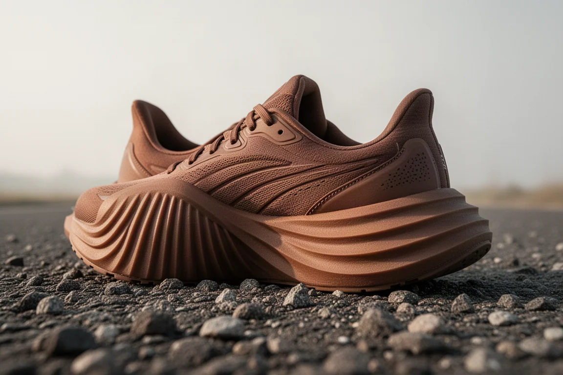 Side profile of a thick brown running shoe midsole with layered foam on gravel