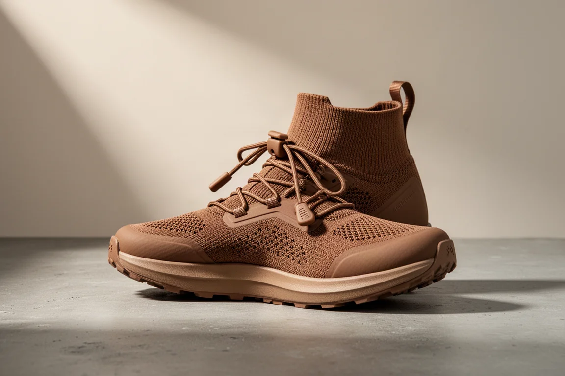 Salomon Gravel Concept running shoe in all-brown colorway on concrete surface