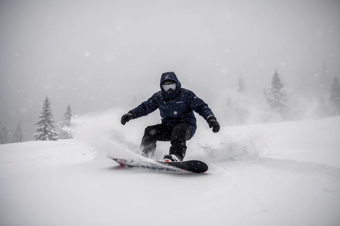 Snowboarder fährt durch frischen Schnee an einem flachen, bedeckten Tag im Skigebiet